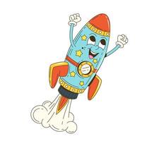 Cartoon groovy space rocket retro character vector