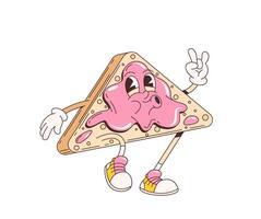 Cartoon retro groovy toast character with jam vector