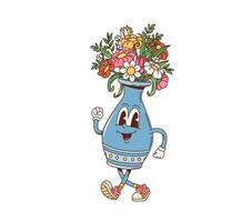 Cartoon retro groovy flowers vase funky character vector