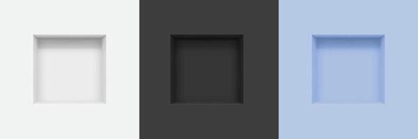 3d wall niches, realistic three empty square boxes vector