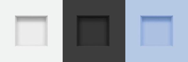 3d wall niches, realistic three empty square boxes vector