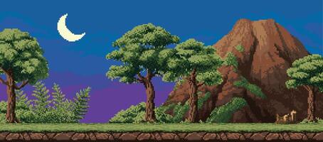 8 bit pixel night tropical forest with mountain vector