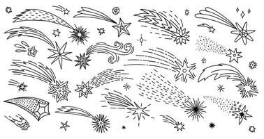 Doodle shooting stars, space comets, meteor trails vector