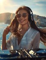 Captivating female DJ spinning tunes, witness the allure as an attractive woman mesmerizes the crowd with her electrifying music selection and charismatic presence. photo