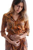 Young woman in menstrual pain, portrayal of the discomfort and agony experienced during menstruation, empathizing with the struggles of menstrual periods of cramps and distress. photo