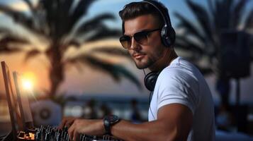 Captivating male DJ spinning tunes, experience the magnetic charm as an attractive man takes center stage, orchestrating a symphony of beats and rhythms to energize the crowd. photo