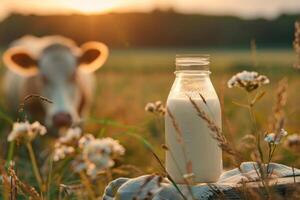 Pastoral charm abounds as a gentle cow grazes in lush meadow, accompanied by milk bottle and glass, an evocative portrayal of countryside serenity and wholesome dairy delights. photo