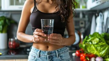 Sporty girl with stunning physique and defined abs poses confidently, holding a glass of refreshing water, epitomizing healthy living and balanced nutrition for active lifestyles. photo