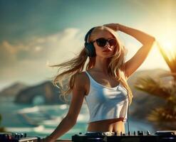 Alluring female DJ in action, experience the magnetic charm as an attractive woman takes control of the decks, igniting the atmosphere with her infectious beats and vibrant energy. photo