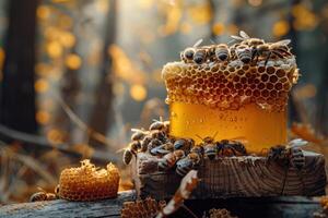 Honey harvest - bees hive honey jar honeycomb - savoring the fruits of bees' labor, from meticulously crafted honeycomb to jars filled with nature's golden elixir, a testament to the hive's bounty. photo