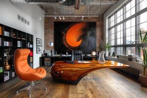 Art modern nouveau office design, infusing sophistication creativity workspace aesthetics, sleek lines, bold accents, functional elegance to inspire productivity innovation contemporary corporate photo