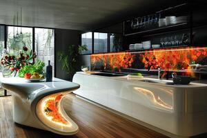 Art modern nouveau Kitchen design, merging timeless elegance contemporary flair, creating stunning culinary spaces that blend sleek lines, vibrant colors, innovative functionality for culinary photo