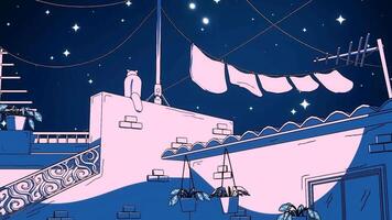 lofi estilo lazo animación, edificios con gatos en el techos, y un noche cielo lleno de estrellas video