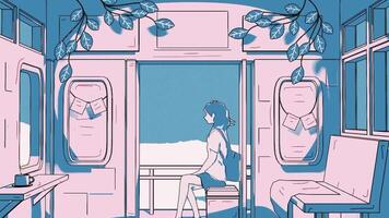 lofi ciclo continuo animazione, viaggio di un' ragazza seduta nel un' treno carrozza con un Aperto finestra video