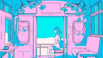 lofi boucle animation, périple de une fille séance dans une train le chariot avec un ouvert fenêtre video