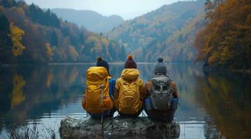 Joyful adventurers, students portrait in nature vacation. capturing the cheer and camaraderie amidst camping, hiking, and breathtaking scenery. photo