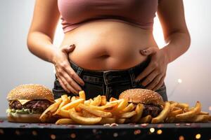 pesado problema - mujer con grande barriga, grasa cintura, exceso de peso problema, pobre dieta, rápido comida - retos de obesidad, pobre dietético elecciones, instando mas saludable estilos de vida, consciente de comiendo hábitos foto