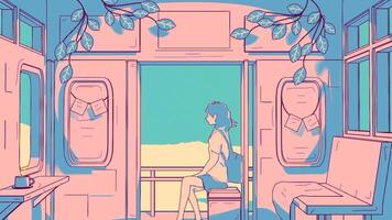 lofi ciclo continuo animazione, viaggio di un' ragazza seduta nel un' treno carrozza con un Aperto finestra video