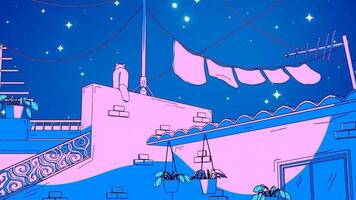 lofi estilo lazo animación, edificios con gatos en el techos, y un noche cielo lleno de estrellas video