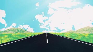 loop animation, empty road with blue sky and wide grassland, anime style video