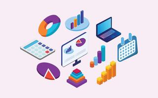 Set Isometric illustrations contain Bar, Chart, Graph, Calendar, Laptop, Calculator, etc. isometric design elements for business marketing . vector