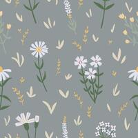 Seamless pattern with hand drawn wild flowers on green background vector