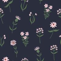 Simple wild flowers on dark background seamless pattern vector