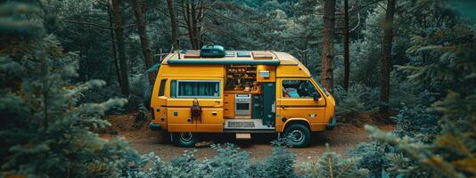 Van-dwelling vanlife, embracing freedom of life on road, exploring world from comfort of a cozy van, experiencing adventure, nature, and community while living a minimalist and sustainable lifestyle. photo