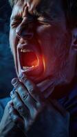 Person is experiencing a sore throat, depicting the discomfort and irritation of a throat ailment, medical attention for soothing relief and recovery, discomfort, colds disease virus bacteria photo