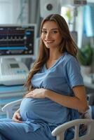 embarazada mujer a el ultrasonido, anticipación y alegría como expectante madres experiencia el mágico momento de viendo su del bebe imagen para el primero hora mediante ultrasonido tecnología. foto