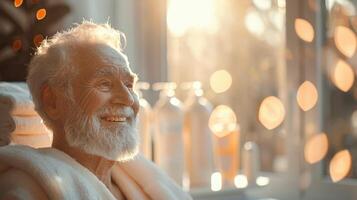 Serene spa indulgence, a glamorous older man luxuriates in a tranquil spa setting, embodying body and facial care, surrounded by health-enhancing lotions and wellness items for ultimate relaxation photo