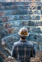 Surveying the copper mine, man in hard hat oversees operations at open pit - ensuring safety and efficiency in resource extraction. photo