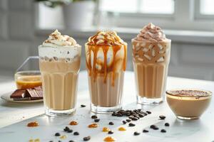 Iced coffee, creamy, flavorful blends of chilled coffee, a refreshing beverage option enjoyed cold hot weather , a delightful blend of coffee flavor and chill. photo