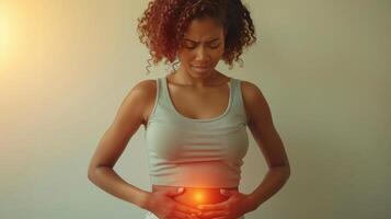 Young woman in menstrual pain, portrayal of the discomfort and agony experienced during menstruation, empathizing with the struggles of menstrual periods of cramps and distress. photo