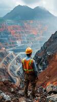 Surveying the copper mine, man in hard hat oversees operations at open pit - ensuring safety and efficiency in resource extraction. photo