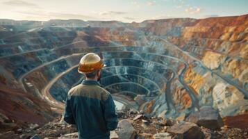 Surveying the copper mine, man in hard hat oversees operations at open pit - ensuring safety and efficiency in resource extraction. photo