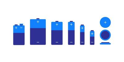 Different types battery colored icon set. Kinds of sizes of batteries C, D, AA, AAA, AAA, energy, power. Flat illustration isolated on white background. vector