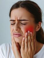 A woman holds her cheek while suffering from a toothache, depicting the discomfort and pain experienced during dental issues, emphasizing the need for oral health care and treatment photo