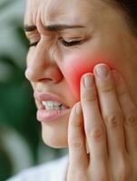 un mujer sostiene su mejilla mientras sufrimiento desde un dolor de muelas, representando el incomodidad y dolor experimentado durante dental asuntos, enfatizando el necesitar para oral salud cuidado y tratamiento foto