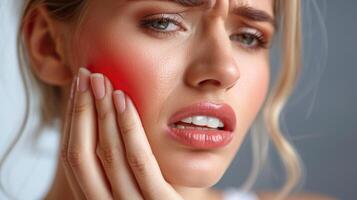 A woman holds her cheek while suffering from a toothache, depicting the discomfort and pain experienced during dental issues, emphasizing the need for oral health care and treatment photo