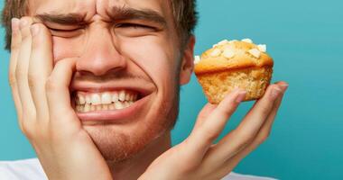 A man holds her cheek while suffering from a toothache, depicting the discomfort and pain experienced during dental issues, emphasizing the need for oral health care and treatment photo