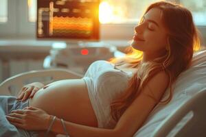 embarazada mujer a el ultrasonido, anticipación y alegría como expectante madres experiencia el mágico momento de viendo su del bebe imagen para el primero hora mediante ultrasonido tecnología. foto