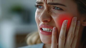 A woman holds her cheek while suffering from a toothache, depicting the discomfort and pain experienced during dental issues, emphasizing the need for oral health care and treatment photo