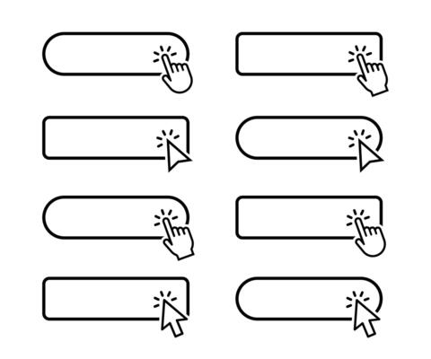 Click Here Button with hand or mouse cursor. Mouse cursor symbol clicking on the frame. Click button. Modern action button.