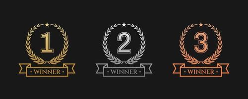 Award golden, silver, and bronze laurel wreaths with ribbons of First, second, and third winners. vector