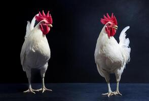 White chicken, farming chicken farm, nature style, rooster, isolated on black background. photo