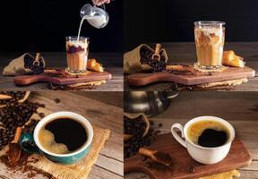 Set - Iced coffee and black coffee with cup and roasted coffee beans brown sugar and a cup of hot espresso coffee flat top view on a dark background photo