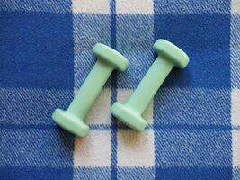 dumbbells weights over tartan blanket photo