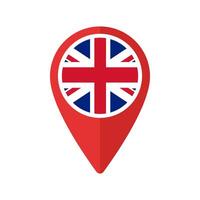 Red Map Marker with United Kingdom round Flag. Location Pin isolated icon vector