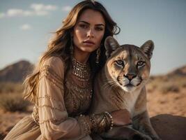 fashion model with wild cat photo